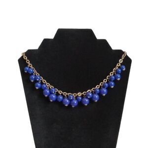 Blue and Gold Toned Round Bauble Dangle Beaded Single Strand Statement Necklace